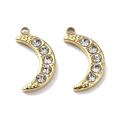 Real 18K Gold Plated Ion Plating(IP) 304 Stainless Steel Charms, with Crystal Rhinestone, Moon Charm, Real 18K Gold Plated, 14x7x2mm, Hole: 1.2mm