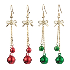 Mixed Color 2Pairs 2 Colors Christmas Theme Brass Bell & Bowknot Dangle Earrings, Tassel Cable Chains Earrings for Women, Mixed Color, 69x13mm, 1pair/color
