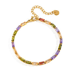 Colorful 304 Stainless Steel Pave Rectangle Cubic Zirconia Tennis Bracelets for Women, Real 18K Gold Plated, Colorful, 6.89 inch(17.5cm)