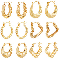 Настоящее золото 18K 6 пары 6 стиль 304 серьги-кольца из нержавеющей стали для женщин, ионное покрытие (ip), разнообразные, реальный 18 k позолоченный, 21.5~26x20~23.5x3~4 мм, 1 пара / стиль