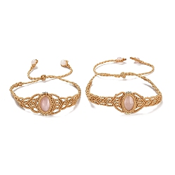 Rose Quartz Natural Rose Quartz Oval Braided Bead Bracelets, Wax Strings Adjustable Bracelet, Inner Diameter: 2-3/4~4 inch(7.1~10.1cm)