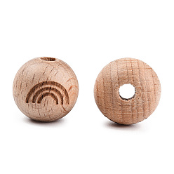 Rainbow Engraved Beech Wood Beads, Round, BurlyWood, Undyed, Round, Rainbow Pattern, 15~16x14.5~15mm, Hole: 3~4mm