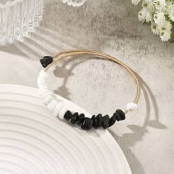 Golden Natural Obsidian & Glass Chip Steel Memory Wire Cuff Bangles for Women, White and Black, Golden, Inner Diameter: 2.30 inch(5.85cm)