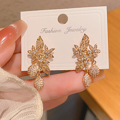 Золотой Серьги-гвоздики из латуни с прозрачным кубическим цирконием, цветок, золотые, 30x15 мм