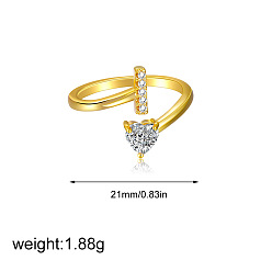 Letter I Латунные кольца-манжеты с микропаве из прозрачных кубических цирконий, сердце, золотые, Буква "i", 21 мм