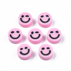 Pearl Pink Handmade Polymer Clay Beads, Flat Round with Smiling Face, Pearl Pink, 8~9x4mm, Hole: 1.5mm