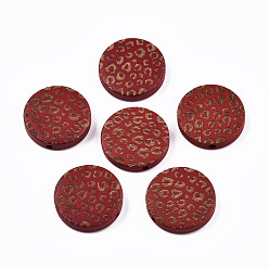 FireBrick Painted Natural Wood Beads, Laser Engraved Pattern, Flat Round with Leopard Print, FireBrick, 20x5mm, Hole: 1.5mm