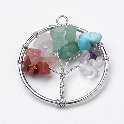 Смешанные камни Природные и синтетические Gemstone подвески, с фурнитурой платина железная, плоские круглые с дерева жизни, 34x30x5~8 мм, отверстие : 2.5 мм