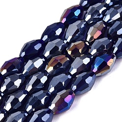Midnight Blue Electroplate Transparent Glass Beads Strands, Rice, AB Color Plated, Faceted, Midnight Blue, 8~8.5x5.5~6mm, Hole: 1~1.2mm, about 67~68pcs/strand, 21.46~22.24 inch(54.5~56.5cm)