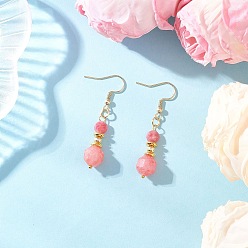 Круглые Натуральный родохрозит болтаться серьги, с 304 нержавеющей стали серьги крючки, реальный 18 k позолоченный, круглые, 48.5x9.5 мм