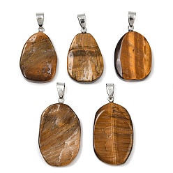 Тигровый глаз Природных тигровый глаз подвески, овальные подвески с железными застежками-кнопками, платина, 29~35.5x19~23.5x5.5~6.5 мм, отверстие : 7.5x4.5 мм