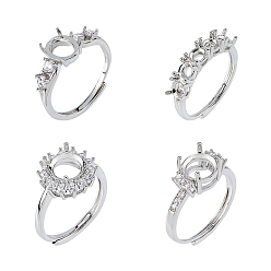 Платина 4шт. 4 стили регулируемых латунных колец с стразами, компоненты, настройки зубчатого кольца, раунд / цветок, платина, лоток : 4~8 мм, внутренний диаметр: 16.5~17 мм, 1 шт / стиль