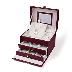 Dark Red PU Leather Jewelry Organizer Box, with Wood Inside Box & Mirror, Portable Jewelry Storage Case, for Ring, Earrings and Necklace, Rectangle, Dark Red, 15x12.5x12.5cm