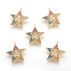 Настоящее золото 18K Латунные микро проложить кубических ссылки циркония, без свинца, без кадмии и без никеля, звезда, полый, красочный, реальный 18 k позолоченный, 14.5x15x1.5 мм, отверстие : 0.8 мм
