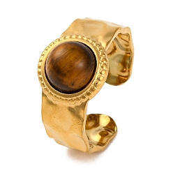 Тигровый глаз Круглые натуральные кольца из тигрового глаза, золотистый тон 304 широкие манжеты из нержавеющей стали для женщин, внутренний диаметр: регулируемый