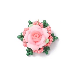 Pink Подвески из стеклянных бусин, цветок, из полимерной глины ручной работы, с целью перехода в кольце, розовые, 24~26x24~26x11~12 мм, отверстие : 3.5 мм