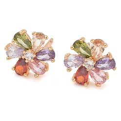 Разноцветный Серьги-гвоздики из латуни с цветочным покрытием и кубическим цирконием, шампанское золото, долговечный, красочный, 11x11 мм