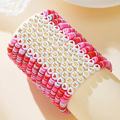 Темно-Розовый 12 Набор эластичных браслетов из полимерной глины и акриловых бусин ко Дню святого Валентина для женщин, плоская круглая фигурка со словами «объятия» и «сердечко»., темно-розовыми, 6.69 дюйм (17 см)