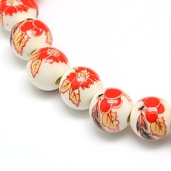 Orange Red Handmade Flower Printed Porcelain Ceramic Beads Strands, Round, Orange Red, 8mm, Hole: 2mm, about 42pcs/strand, 13 inch