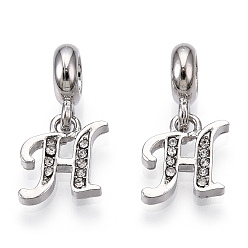 Letter H Европейские подвески с подвесками из платинового сплава со стразами, Подвески с большими отверстиями, буквы, без кадмия и без свинца, letter.h, 23~27 мм, отверстие : 4.5 мм, подвески: 13~16.5x6~14x2 мм, отверстие : 2 мм