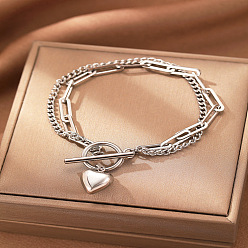 Нержавеющая Сталь Цвет 304 Многослойные браслеты из нержавеющей стали с панцирными цепочками и скрепками, браслеты с подвесками для женщин, сердце, цвет нержавеющей стали, 6-3/4 дюйм (17 см)