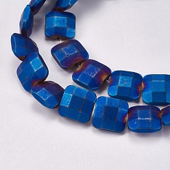 со Синим Покрытием Гальванические немагнитная синтетический гематит бисер пряди, матовые, граненые, квадратный, с покрытием синим, 10x10x4 мм, отверстие : 0.7 мм, около 40 шт / нитка, 15.9 дюйм (40.5 см)