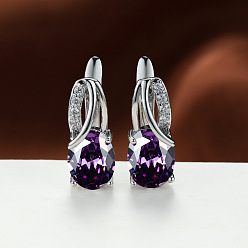 Фиолетовый Латунь кубического циркония серьги стержня, овальные, платина, фиолетовые, 16x13 мм