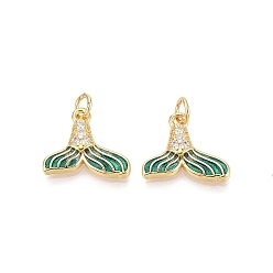 Средний Морско-зеленый Латунные микропаве прозрачные подвески с фианитом, прелести рыбий хвост, с эмалью, золотые, средний морской зеленый, 13.5~14x15.5~16x3 мм, отверстие : 3 мм, Перейти кольцо: 5x0.8 мм, внутренний диаметр: 3 мм