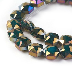 Зеленый Стеклянные нити из бисера, с покрытием AB цвета, граненый шестиугольник, зелёные, 10x7~7.5 мм, отверстие : 1 мм, около 25 шт / нитка, 10.5 дюйм (27 см)