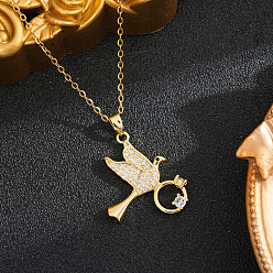 Real 18K Gold Plated Brass Pave Clear Cubic Zirconia Bird with Diamond Ring Pendant 201 Stainless Steel Cable Chain Necklaces for Women, Ion Plating(IP), Real 18K Gold Plated, 15.75 inch(40cm)