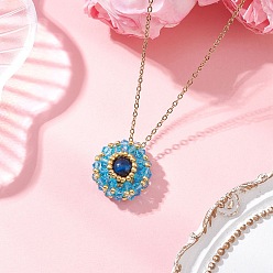 Тигровый глаз Кулон из натурального окрашенного синего тигрового глаза и стеклянных бусин с плоским круглым сечением 304 ожерелья из нержавеющей стали с цепочкой, золотые, 17.60 дюйм (44.7 см)