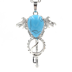 Synthetic Turquoise Synthetic Turquoise Pendants, with Platinum Plated Brass Findings, Wing with Key Charms, 47x32x11mm