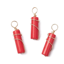 Малиновый Подвески из окрашенной синтетической императорской яшмы с медной проволокой, колонка прелести, золотые, малиновый, 18.5~19x5 мм, отверстие : 3 мм