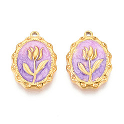 Средний Фиолетовый 304 нержавеющей стальной эмали подвески, реальный 18 k позолоченный, овал с цветочной подвеской, ионное покрытие (ip), средне фиолетовый, 21.5x15.5x3 мм, отверстие : 1.5 мм