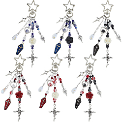 (52) Непрозрачная лаванда 6шт. стеклянная и эмалевая подвеска с отделкой из сплава, с поворотными застежками из звездчатого сплава, гроб и крест и роза, разноцветные, 127 мм