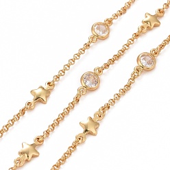 Real 18K Gold Plated Brass Rolo Chains, with Star & Cubic Zirconia Flat Round Links, Unwelded, with Spool, Cadmium Free & Nickel Free & Lead Free, Real 18K Gold Plated, Link: 9x4.5x2.5mm, 10x5x2mm