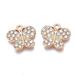 Light Gold Подвески из сплава , с кристально горный хрусталь, без кадмия, без никеля и без свинца, бабочки прелести, золотой свет, 15x16.5x3 мм, отверстие : 1.6 мм
