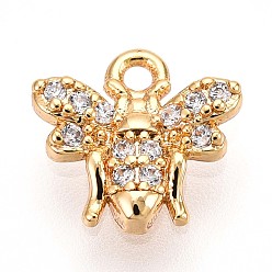 Настоящее золото 18K Латунные микропаве прозрачные подвески с фианитом, прелести пчел, без кадмия, без никеля и без свинца, реальный 18 k позолоченный, 8.5x9x2 мм, отверстие : 1.2 мм