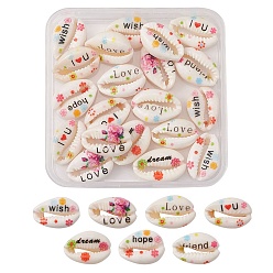 (52) Непрозрачная лаванда 20 бусины из натуральной раковины каури с принтом, нет отверстий / незавершенного, со словом и цветочным узором, разноцветные, 18~22x13~14x6~8 мм