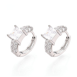 Платинированный Квадратные серьги-кольца с микропаве из прозрачных кубических цирконий из латуни, Реальная платина, 13.5x16x6 мм