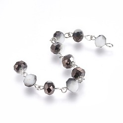 Black Handmade Faceted Electroplate Glass Beaded Chains, Unwelded, with Platinum Tone Iron Eye Pin, Black, 14x8mm, 39.37 inch(1m)/strand