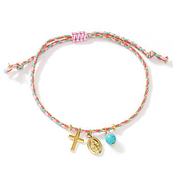 Синтетическая Бирюза Браслеты с подвесками из синтетической бирюзы и латуни, Регулируемые браслеты для женщин с подвеской в виде креста и Девы Марии., 11.02 дюйм (28 см)