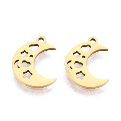 Настоящее золото 18K 201 прелести нержавеющей стали, луна, ионное покрытие (ip), лазерная резка, реальный 18 k позолоченный, 13x10x1 мм, отверстие : 1.2 мм