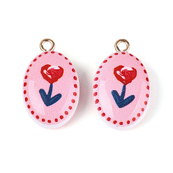 Pink Печатные акриловые подвески, овальные и цветочные подвески, с латунной найти, розовые, 24x14.5~15x7.5~8 мм, отверстие : 2 мм