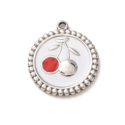 Stainless Steel Color 304 Stainless Steel Enamel Pendants, Flat Round with Cherry Pattern Charms, Stainless Steel Color, 21x19x2mm, Hole: 1.5mm