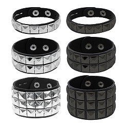 Нержавеющая Сталь Цвет 5шт 5 стили pu обернуть шнур браслеты набор, 304 панк-браслеты из нержавеющей стали с квадратными заклепками и железной застежкой для мужчин и женщин, цвет нержавеющей стали, 8 дюйм (20.2~20.3 см), 1 шт / стиль