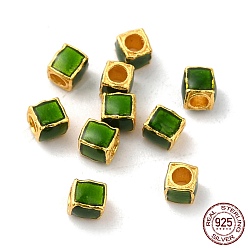Vert Foncé Couleur or mat 925 perles en argent sterling, avec l'émail, carrée, vert foncé, 3x2.5x2.5mm, Trou: 1.4mm