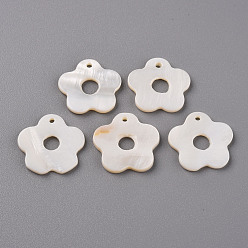 Seashell Color Natural Freshwater Shell Pendants, Flower, Seashell Color, 20x20x2mm, Hole: 1.4mm, Inner Diameter:5mm