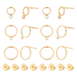 Настоящее золото 18K 30шт 3 стиль латунные серьги-гвоздики cricle фурнитура, с горизонтальными петлями и фрикционными гайками 30шт., реальный 18 k позолоченный, 4.5~12x5.5~12x3 мм, штифты : 0.7 мм, 10 шт / стиль