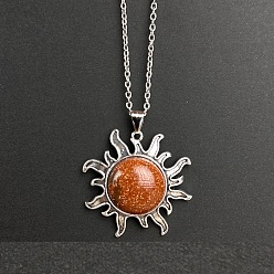 Камень с Пылевым Золотом Синтетический золотой камень, подвеска в виде солнца, цепочка из сплава, винтажные ожерелья, платина, 19.69 дюйм (50 см)